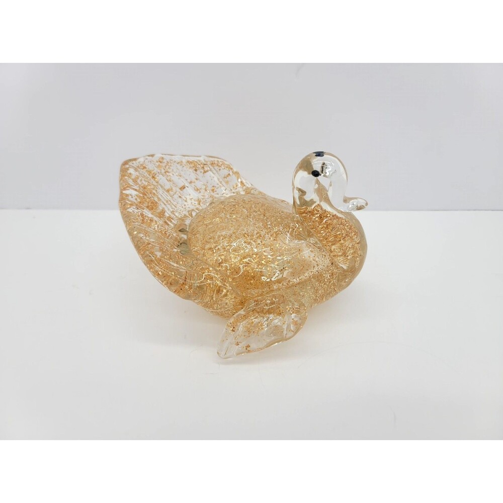 Clear Blown Glass With Gold Glitter  Turkey Figurine Art Collectible  Decor Fall